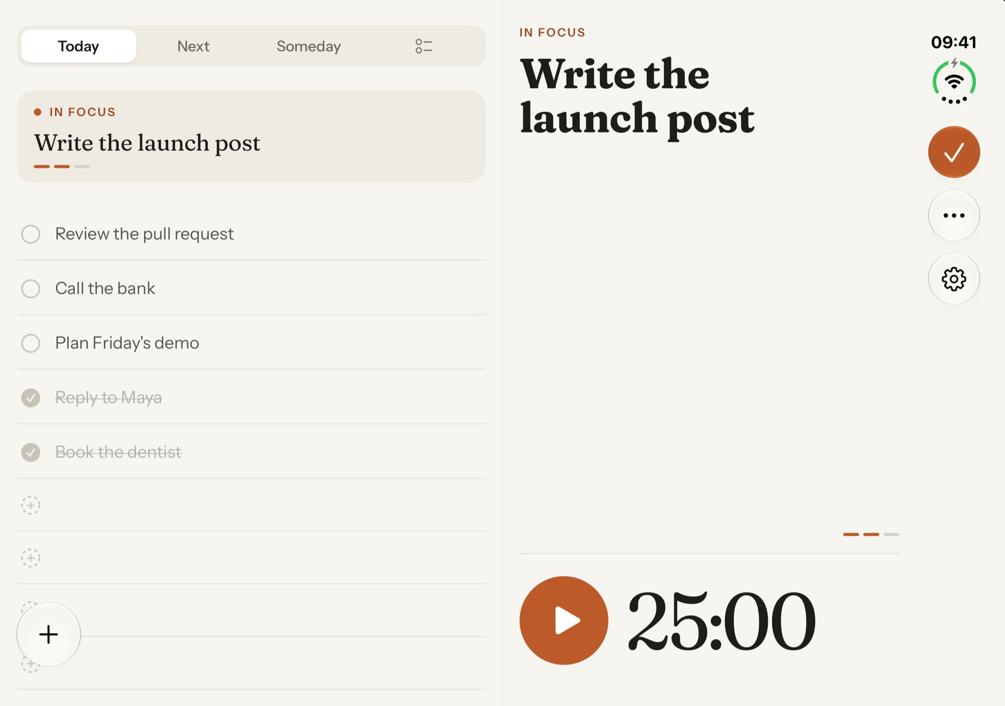 The lists beside the focus task and its timer
